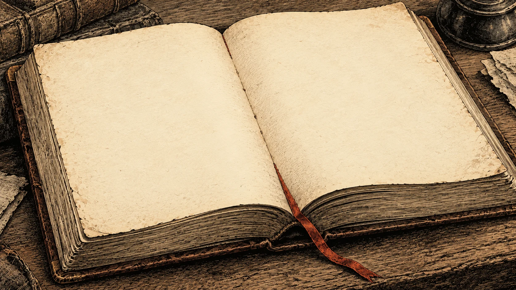 An engraved open book with a rust ribbon marking the page.