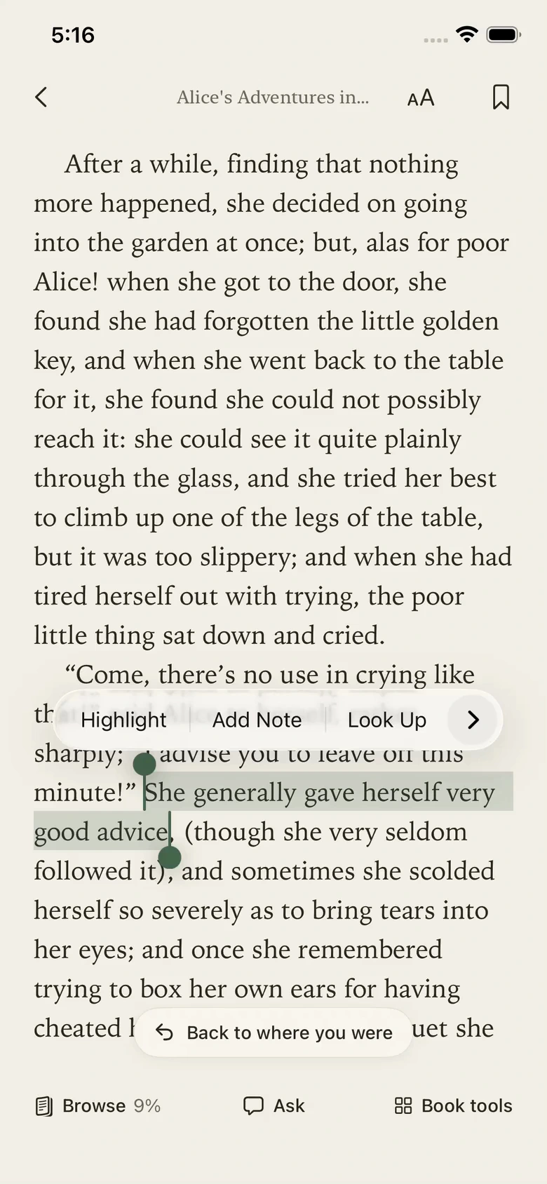 A saved note in HonPaca Browse: Alice knows the advice, but following it is harder, beside the highlighted Alice passage.