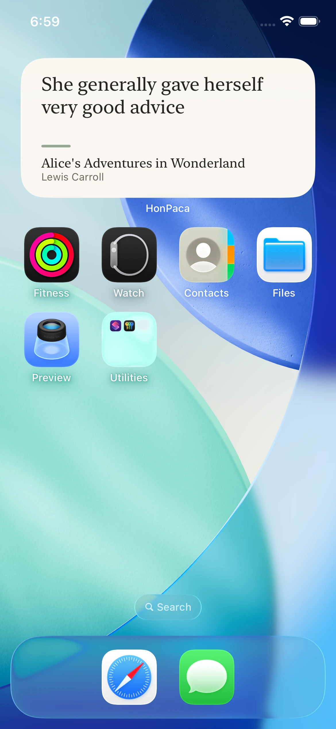 A saved Alice passage in HonPaca’s medium Home Screen widget.