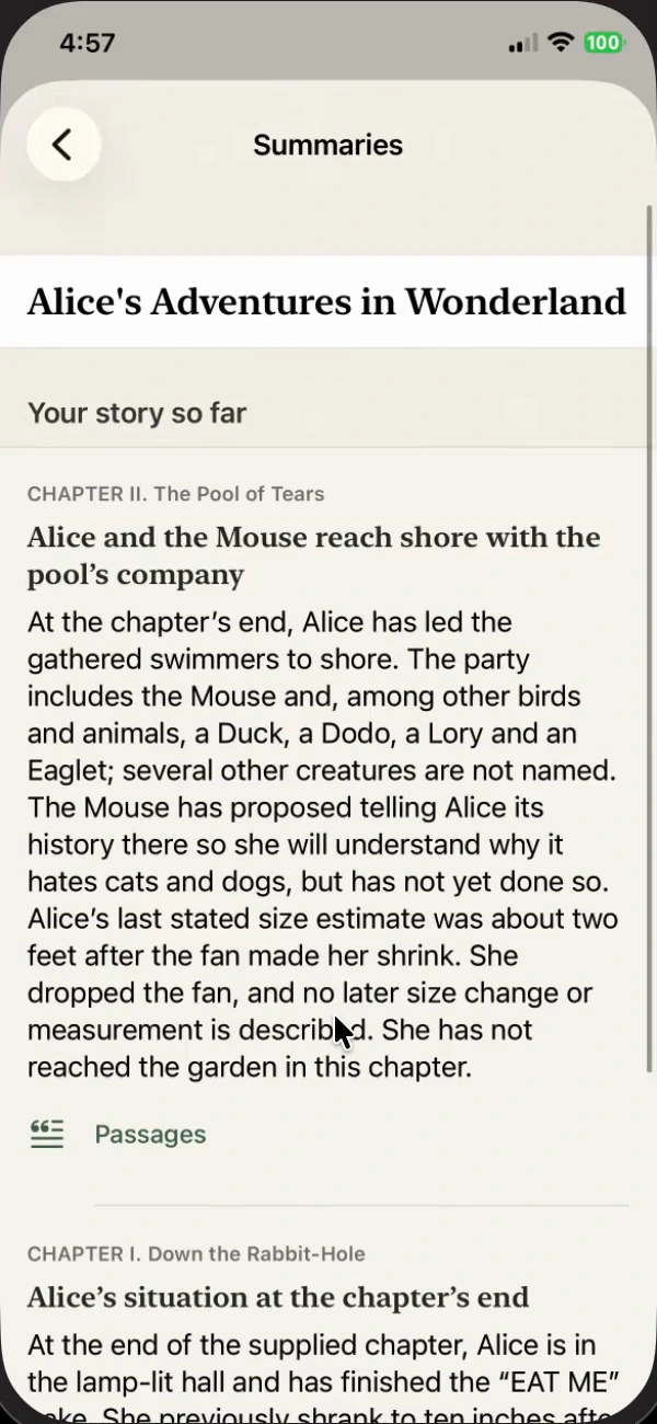 HonPaca Summaries showing Your story so far and chapter recaps.