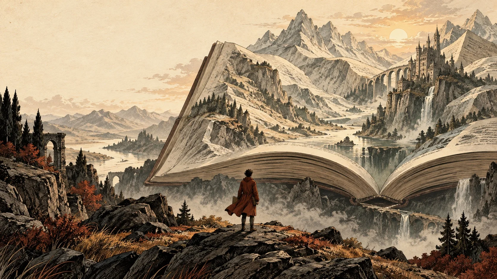 An open book becomes a mountain landscape, with a reader at its edge.