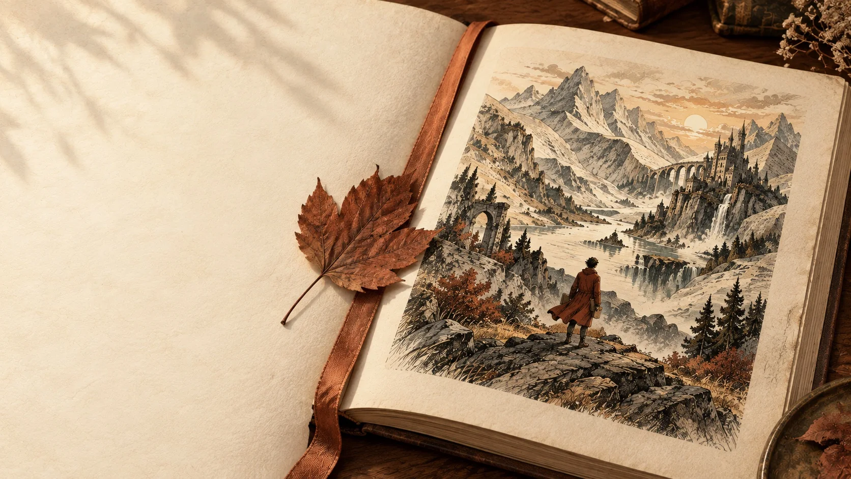 A quiet engraved scene of a reader keeping a thought from a book.
